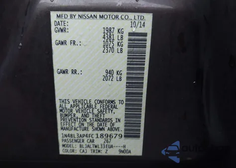 2015 Nissan Altima 3.5 Sl from USA, damaged, VIN 1N4BL3AP4FC189679